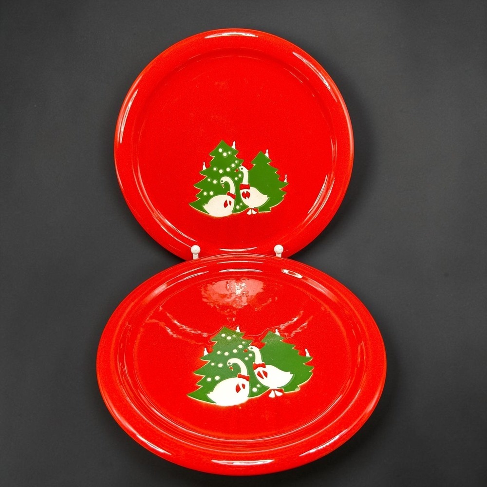 Waechtersbach Christmas Goose Plates Set of 2 Dark Orange Red Western Germany 8"